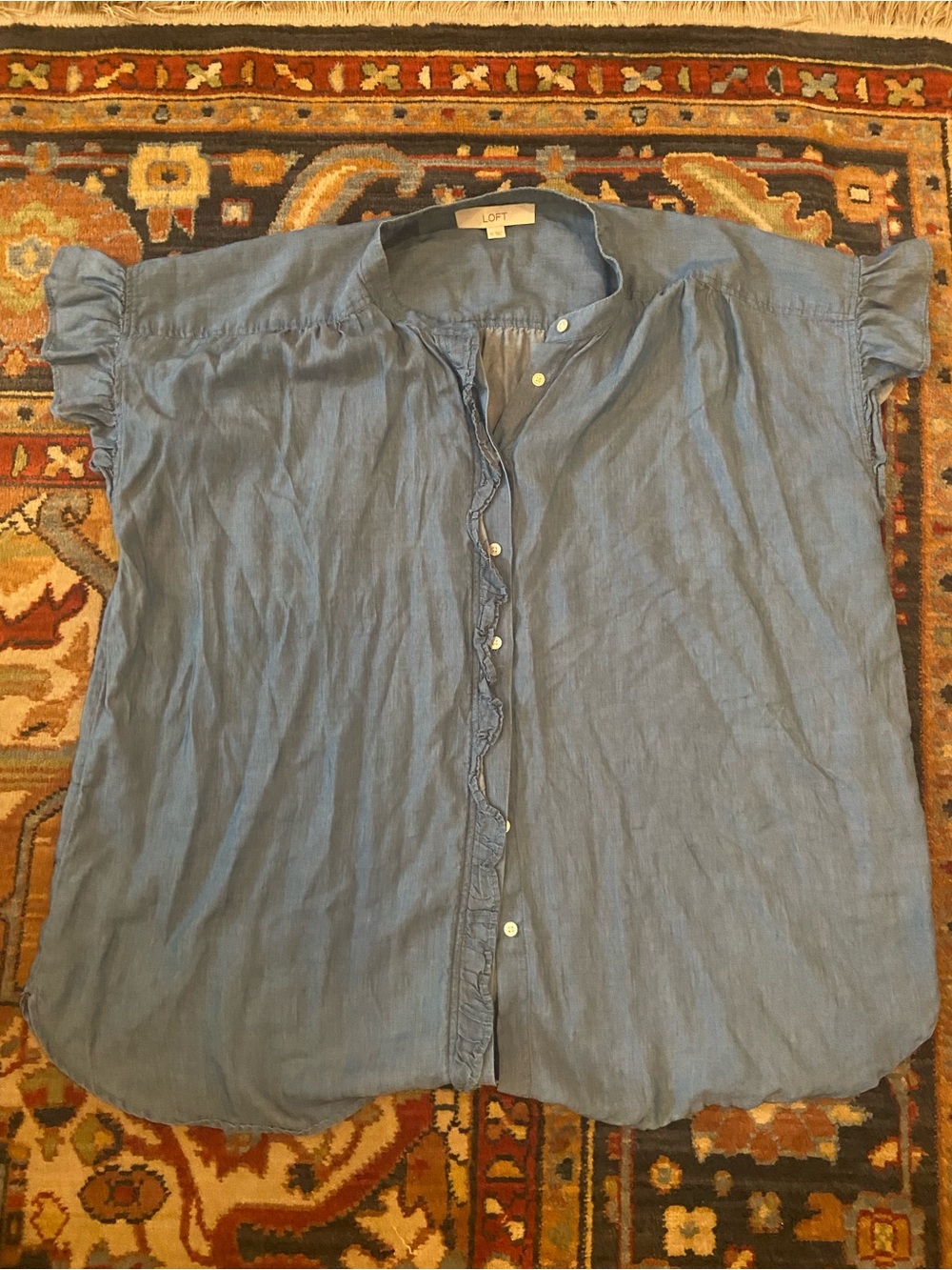 LOFT Blue Short Sleeve Button Front Top